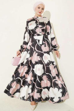 Half Button Placket Floral Satin Dress Black