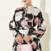 Half Button Placket Floral Satin Dress Black - Image 2