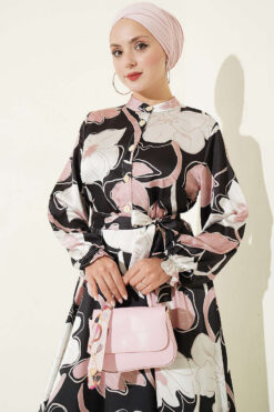 Alternative view of Half Button Placket Floral Satin Dress Black