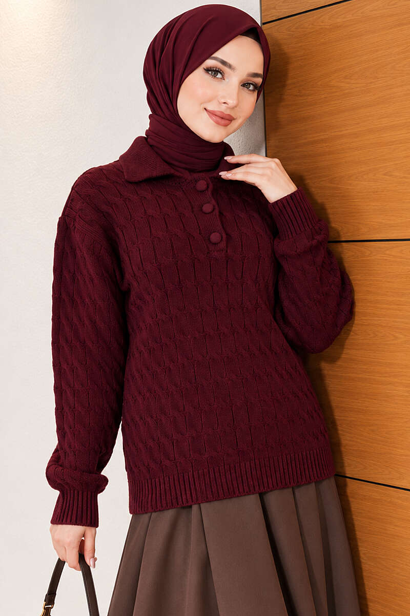 Half-Button Wrap Pattern French Terry Sweater Burgundy