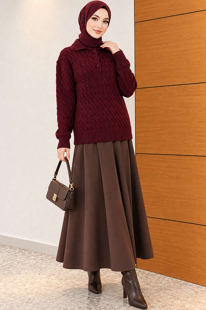 Half-Button Wrap Pattern French Terry Sweater Burgundy - Imagen 2