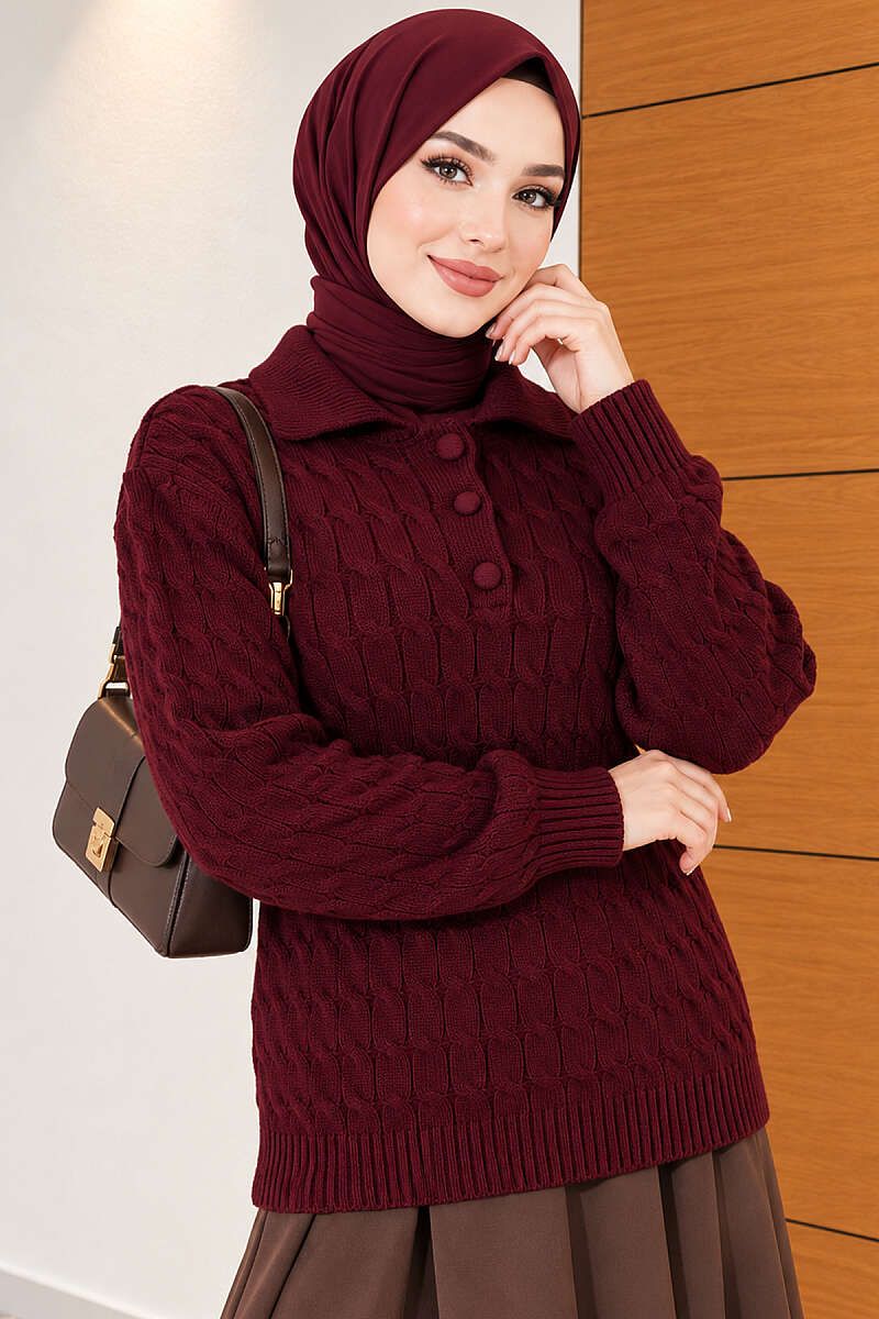 Half-Button Wrap Pattern French Terry Sweater Burgundy - Imagen 3