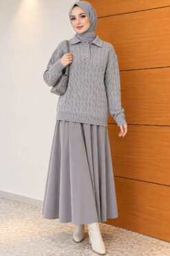 Alternative view of Half-Button Wrap Pattern French Terry Sweater Grey