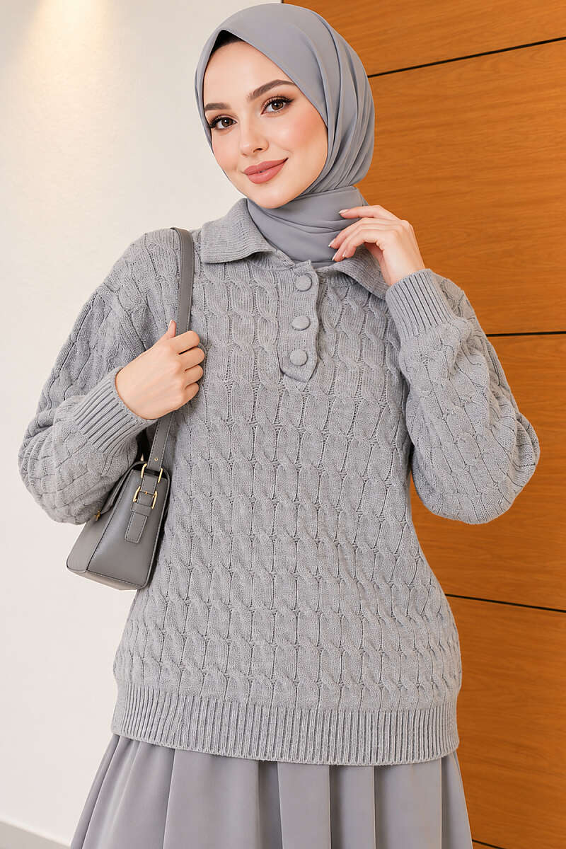 Half-Button Wrap Pattern French Terry Sweater Grey - immagine 3