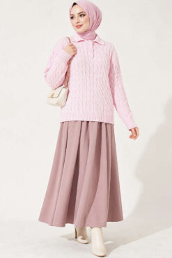 Alternative view of Half-Button Wrap Pattern French Terry Sweater Pink