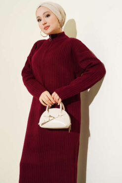 Alternative view of Half Zipper Fitted Ribbed Knit Dress Burgundy