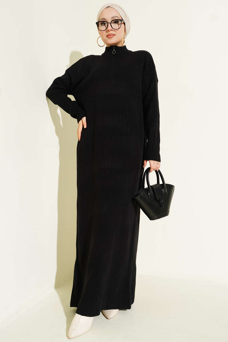 Half Zipper Fitted Ribbed Knit Dress Black