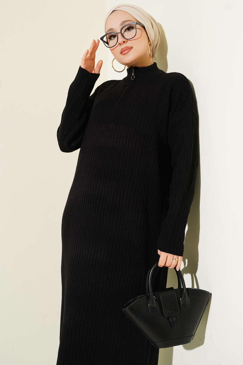 Half Zipper Fitted Ribbed Knit Dress Black – Image 2