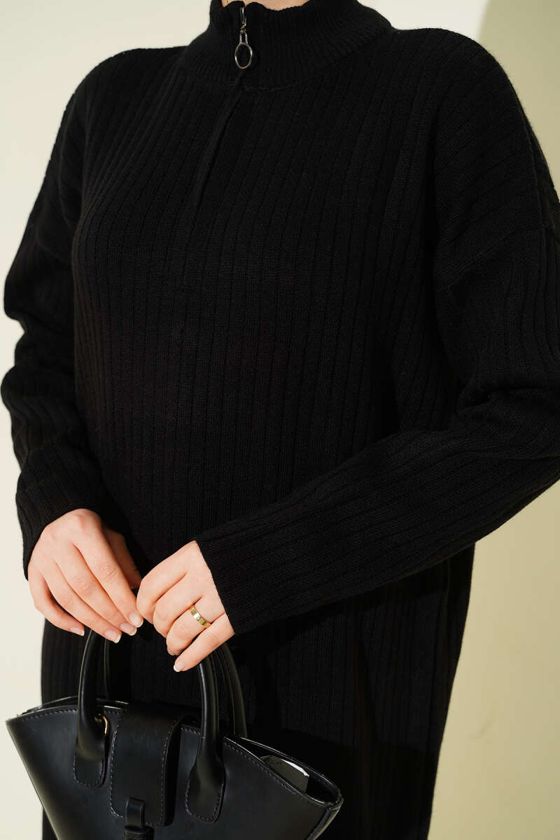 Half Zipper Fitted Ribbed Knit Dress Black – Image 4