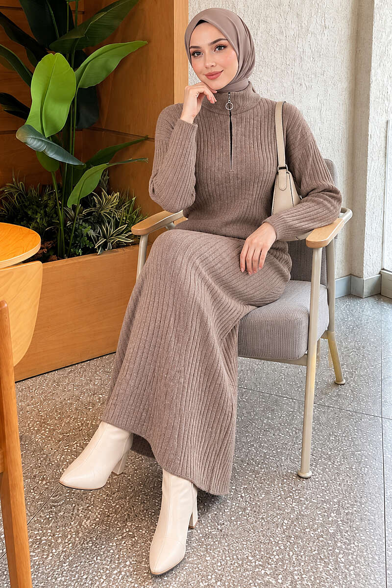 Half Zipper Fitted Ribbed Knit Dress Mink