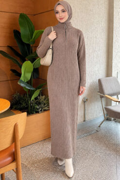 Alternative view of Half Zipper Fitted Ribbed Knit Dress Mink