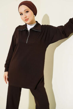 Alternative view of Half-Zip Loisha Tunic Two-Piece Set Brown