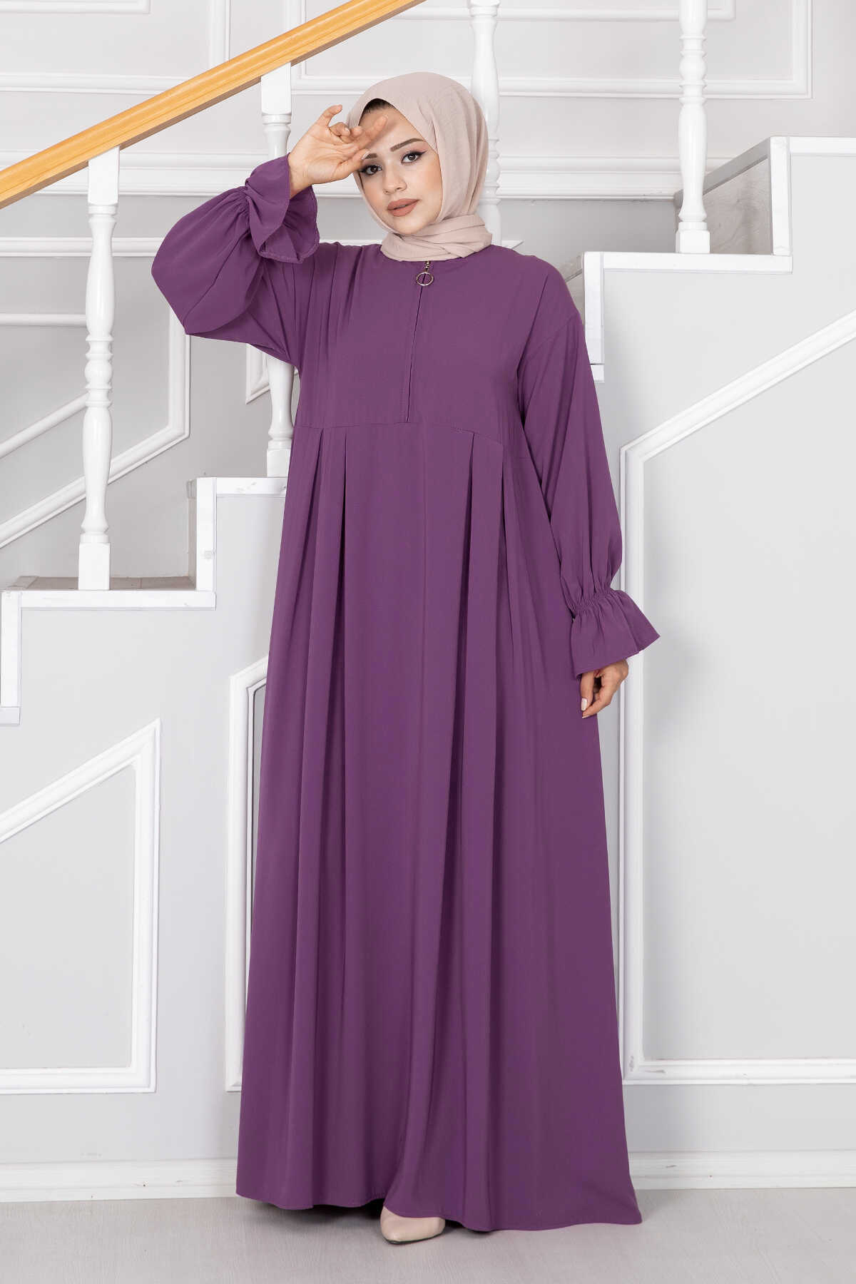 Half-zip Islamic modest dress Purple – Image 4