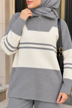 Alternative view of Half-Zip Knit Two-Piece Set Grey
