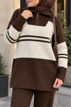 Alternative view of Half-Zip Knit Two-Piece Set Brown