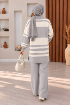 Alternative view of Ribbed Knit Half-Zip Top and Matching Bottoms Set Grey