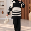 Ribbed Knit Half-Zip Top and Matching Bottoms Set Black