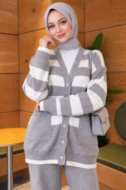 Alternative view of Horizontal Striped Pocket French Terry Two-Piece Set Grey