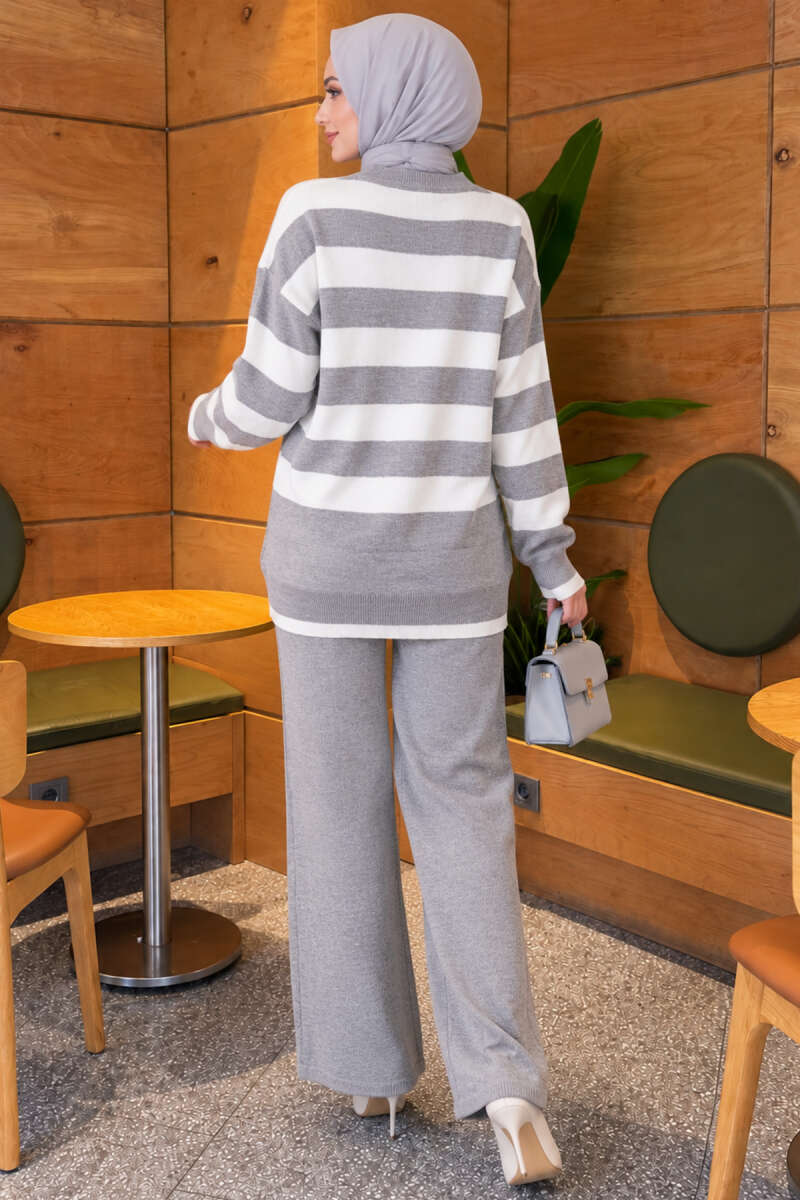 Horizontal Striped Pocket French Terry Two-Piece Set Grey - Imagen 4