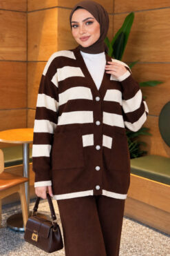 Alternative view of Horizontal Striped Pocket French Terry Two-Piece Set Brown