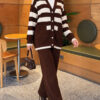 ⁦Horizontal Striped Pocket French Terry Two-Piece Set Brown⁩ - الصورة ⁦3⁩