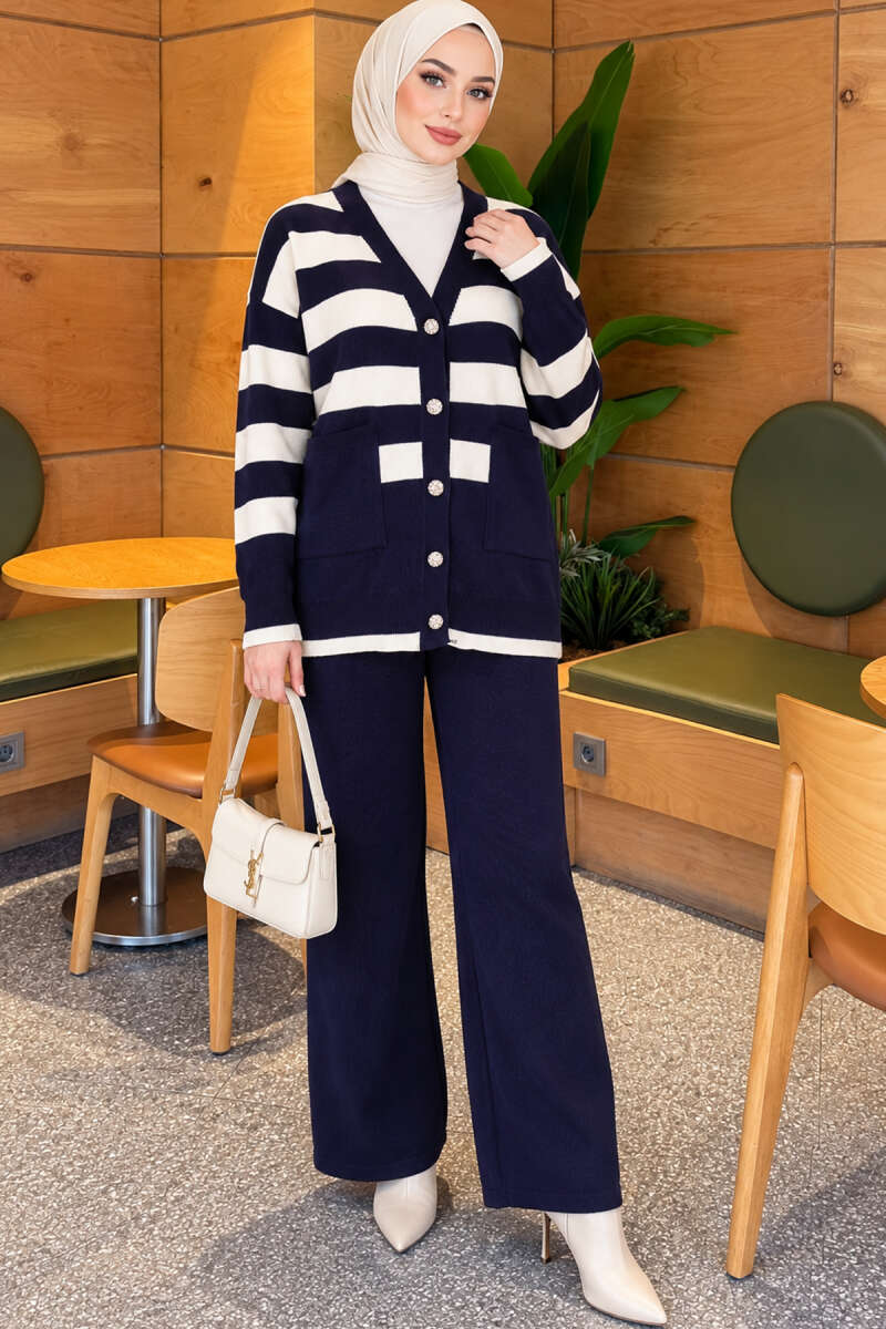 Honeycomb Pattern Knit Two-Piece Set Navy Blue - Image 6