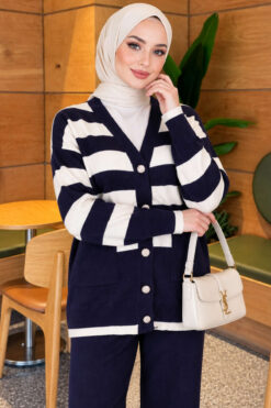 Alternative view of Horizontal Striped Pocket French Terry Two-Piece Set Navy Blue
