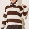 Horizontal Striped Button-Detail Knit Sweater Beige