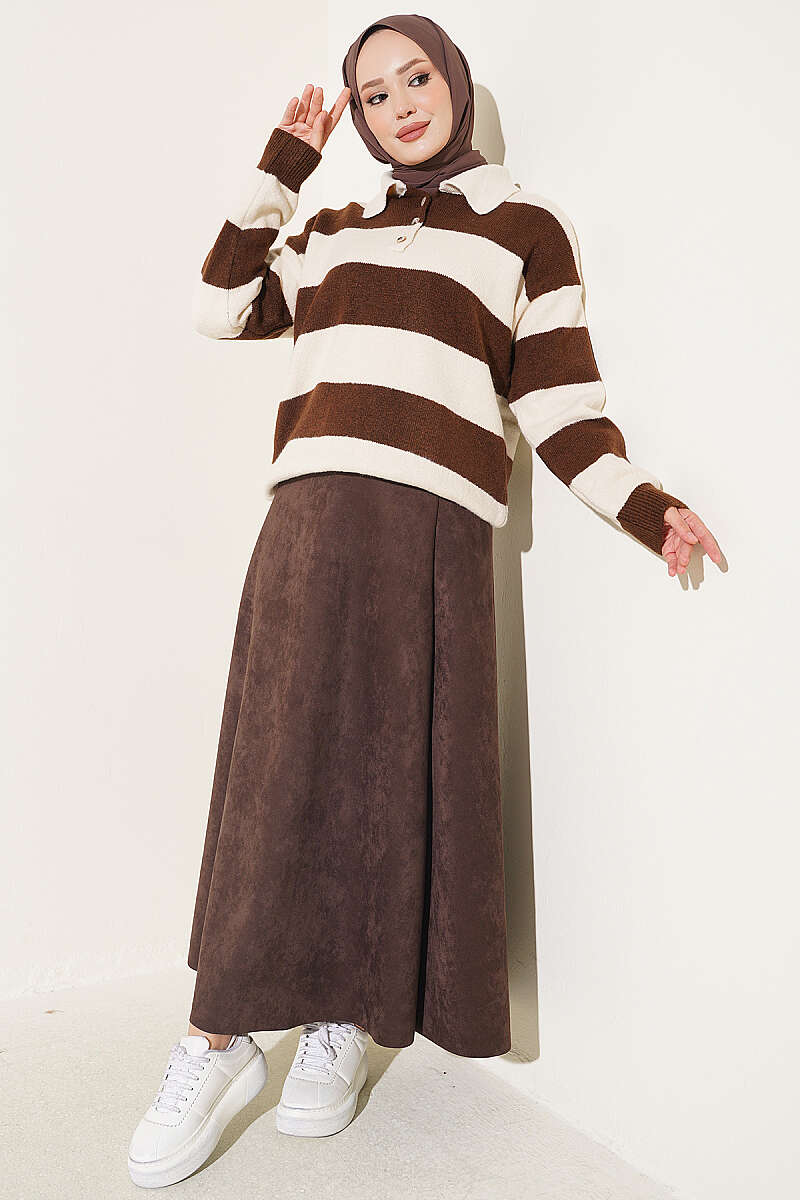 Horizontal Striped Button-Detail Knit Sweater Beige - immagine 2