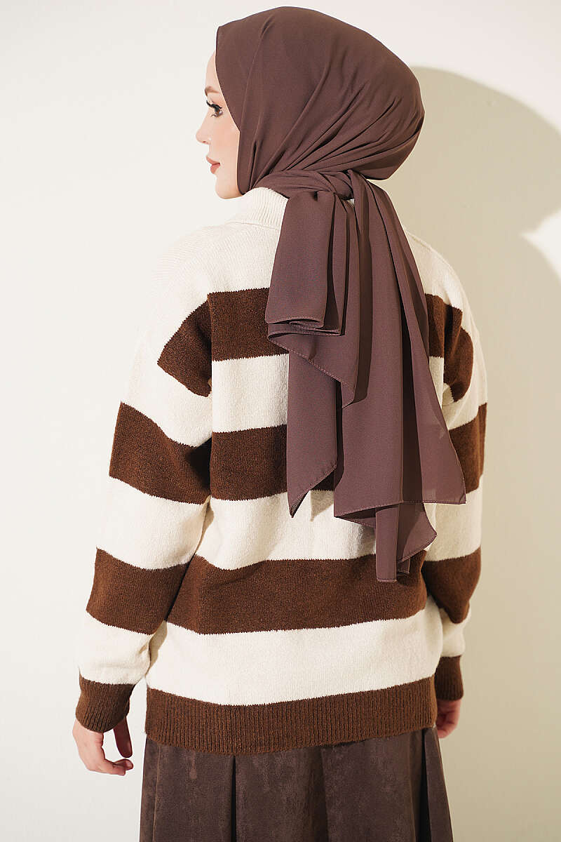 Horizontal Striped Button-Detail Knit Sweater Beige - immagine 3