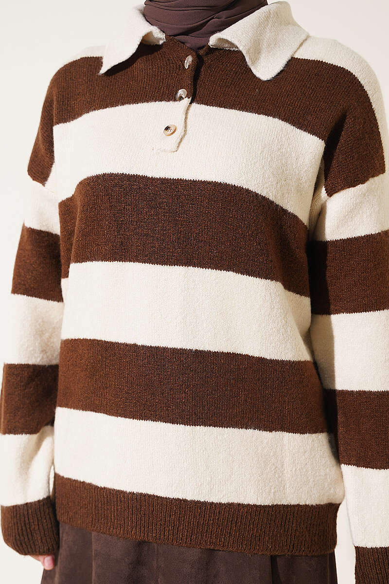 Horizontal Striped Button-Detail Knit Sweater Beige - immagine 4