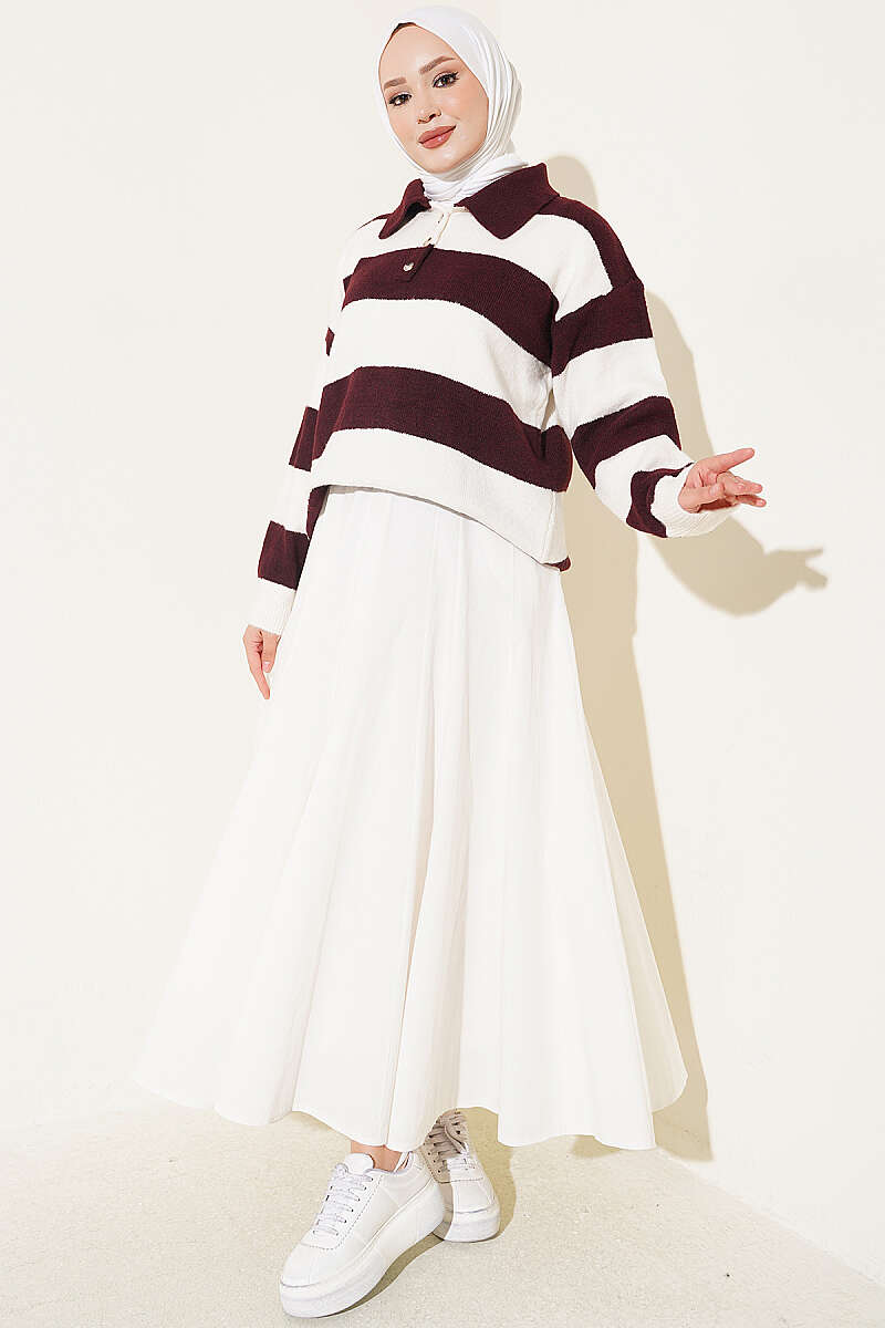 Horizontal Striped Button-Detail Knit Sweater Plum - immagine 2