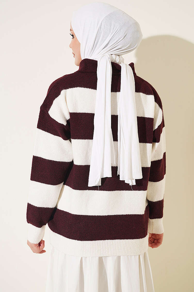 Horizontal Striped Button-Detail Knit Sweater Plum - immagine 3