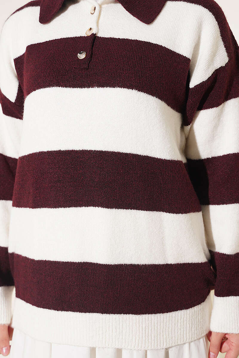 Horizontal Striped Button-Detail Knit Sweater Plum - immagine 4