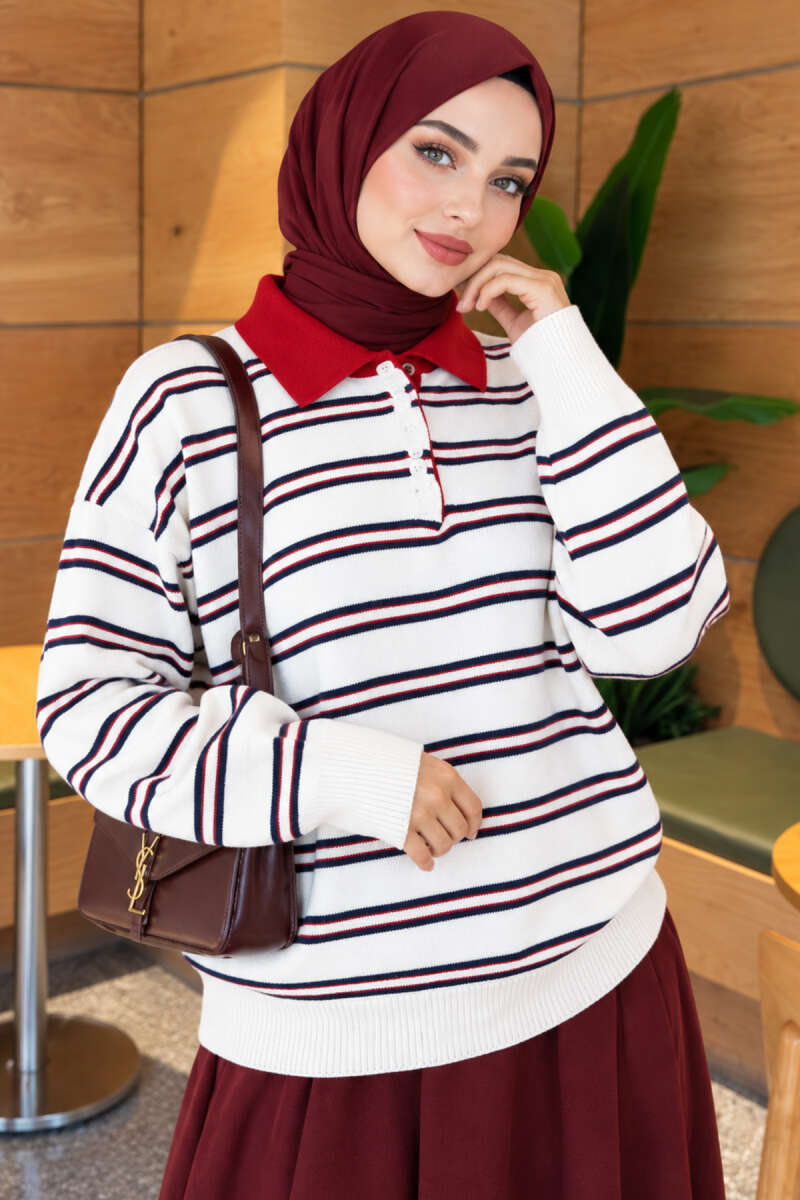 Horizontal Striped Button-Front Knit Sweater Ecru