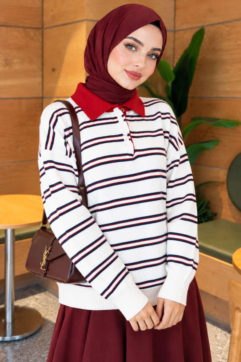 Horizontal Striped Button-Front Knit Sweater Ecru - immagine 3