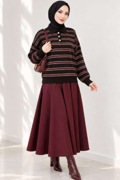 Alternative view of Horizontal Striped Button-Front Knit Sweater Brown