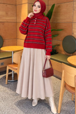 Alternative view of Horizontal Striped Button-Front Knit Sweater Red