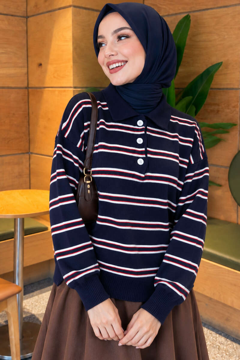 Horizontal Striped Button-Front Knit Sweater Navy Blue