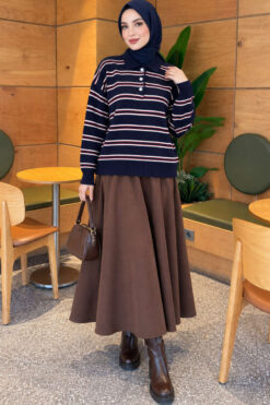 Alternative view of Horizontal Striped Button-Front Knit Sweater Navy Blue