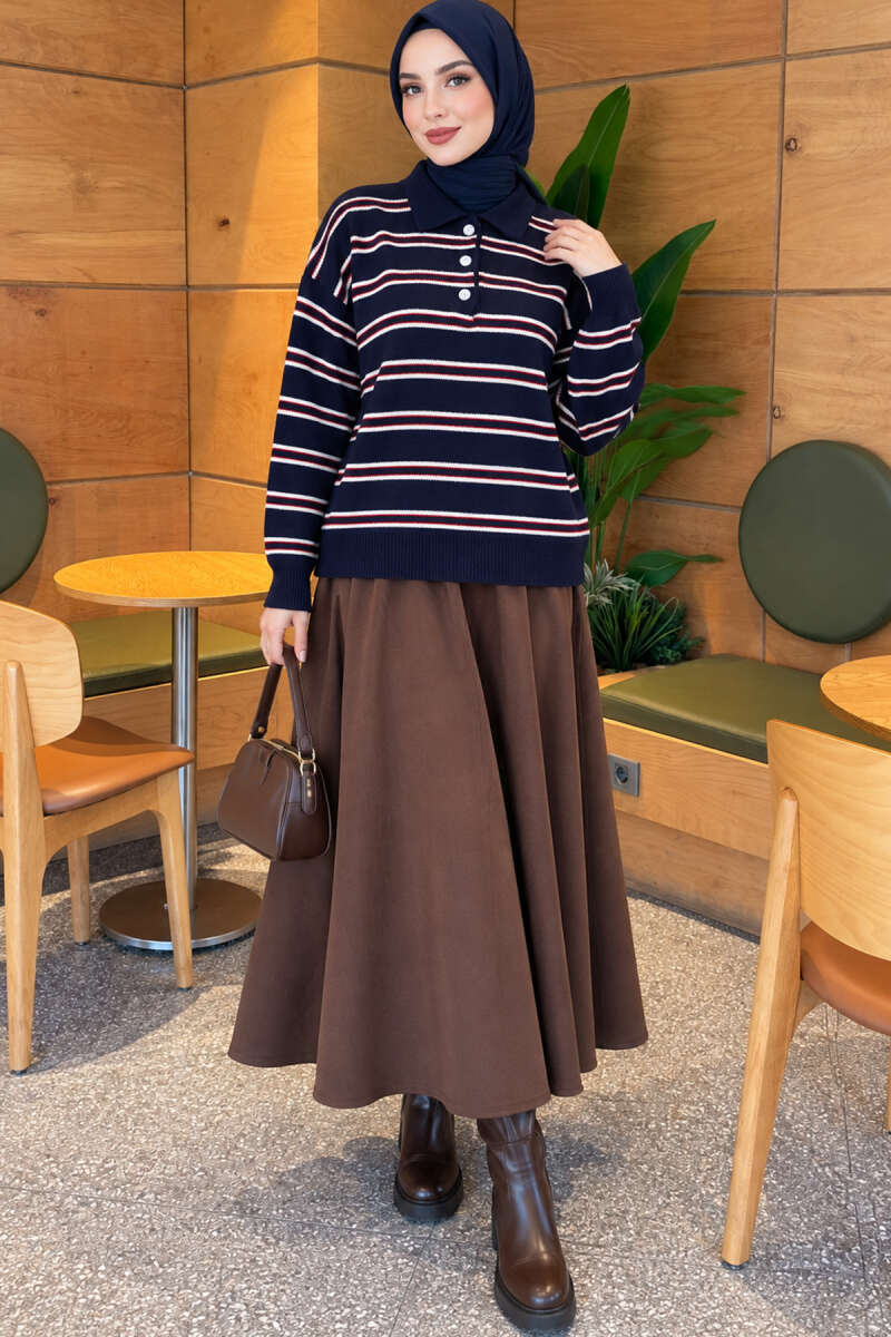 Horizontal Striped Button-Front Knit Sweater Navy Blue - immagine 2