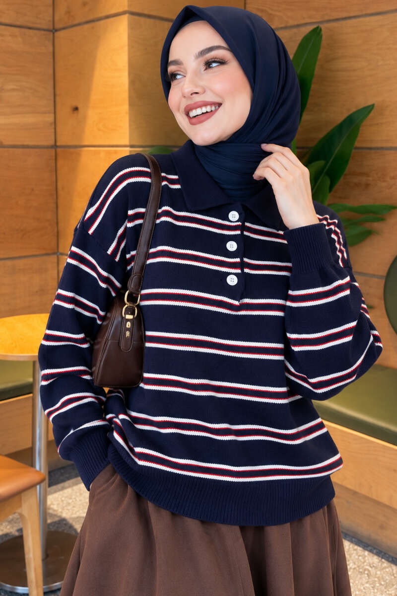 Horizontal Striped Button-Front Knit Sweater Navy Blue - immagine 3