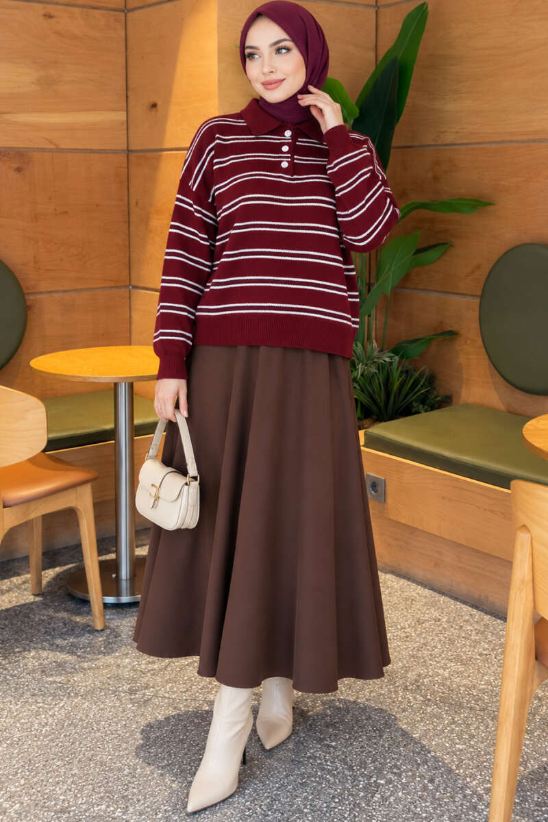 Horizontal Striped Button-Front Knit Sweater Plum - Imagen 2