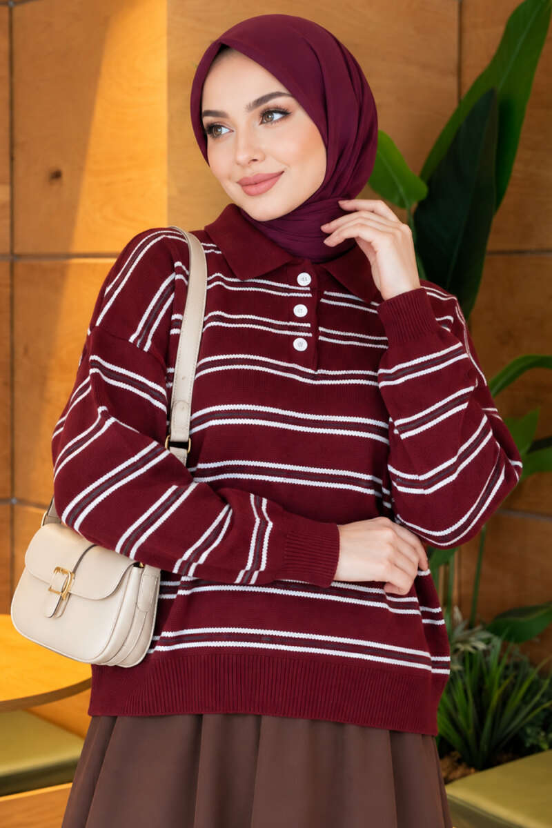 Horizontal Striped Button-Front Knit Sweater Plum - Imagen 3