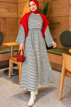 Horizontal Stripe Drawstring French Terry Dress Black