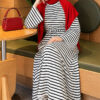 Horizontal Stripe Drawstring French Terry Dress Black – Image 2