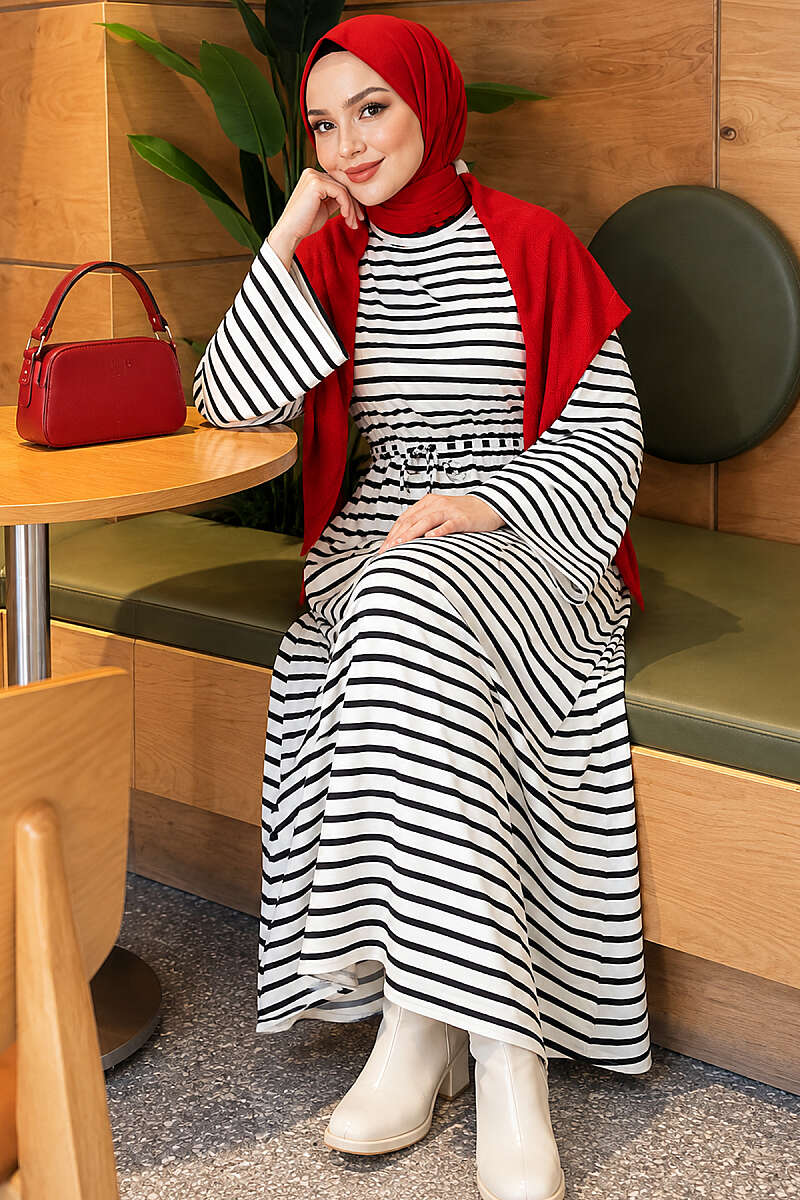 Horizontal Stripe Drawstring French Terry Dress Black – Image 2