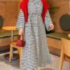 Horizontal Stripe Drawstring French Terry Dress Black – Image 3