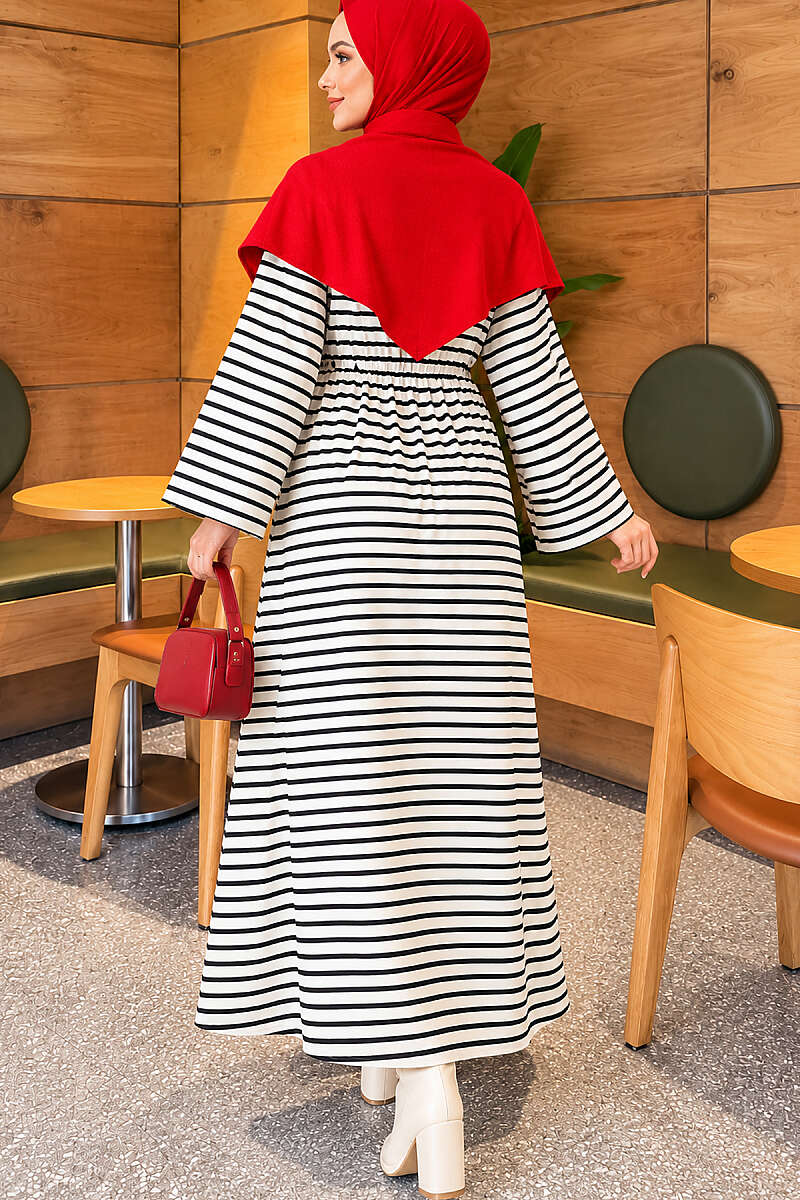 Horizontal Stripe Drawstring French Terry Dress Black – Image 4