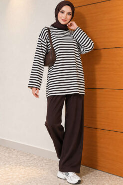 Alternative view of Horizontal Striped French Terry Two-Piece Set Brown